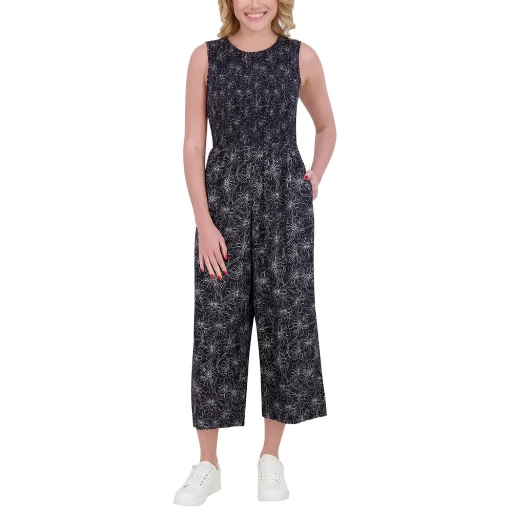 Andrew Marc Womens Floral Smocked Sleeveless Jumpsuit Black XL New
